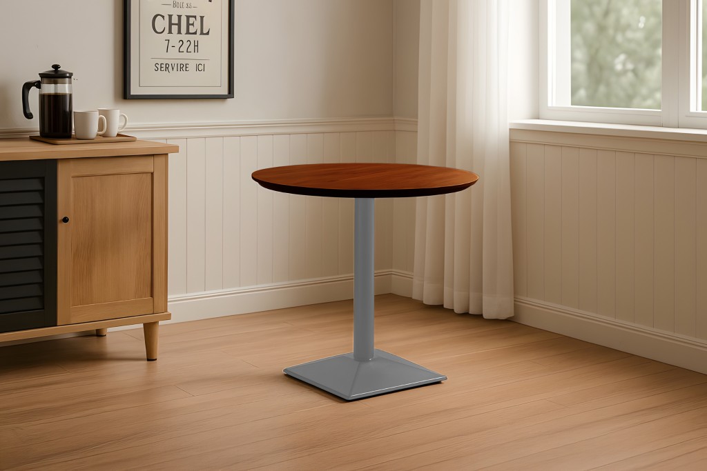 Bistrotisch Schweizer Kante massiv Akazie nussbaumfarben 80 cm Säulengestell-eckig silber BRASILIA