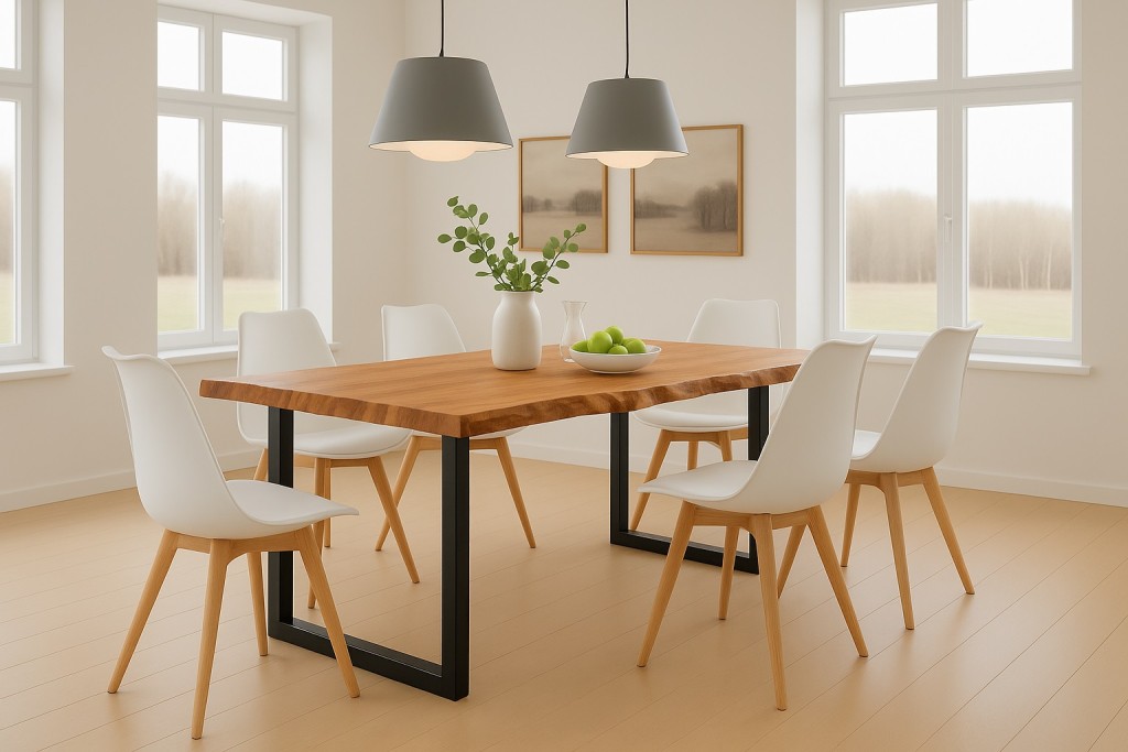 Essgruppe Baumkante massiv 180 x 90 cm Akazie naturfarben U-Gestell schwarz & 6 Stühle weiß QUINN
