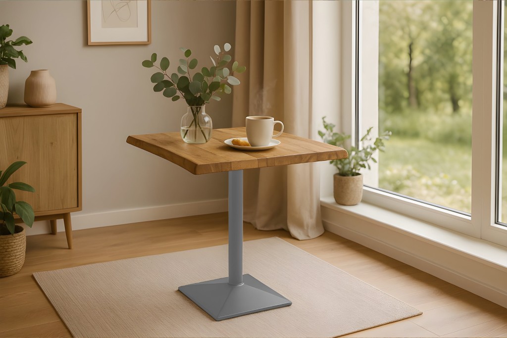 Bistrotisch Baumkante massiv 60 x 60 cm Mango rough silber Säulengestell INES
