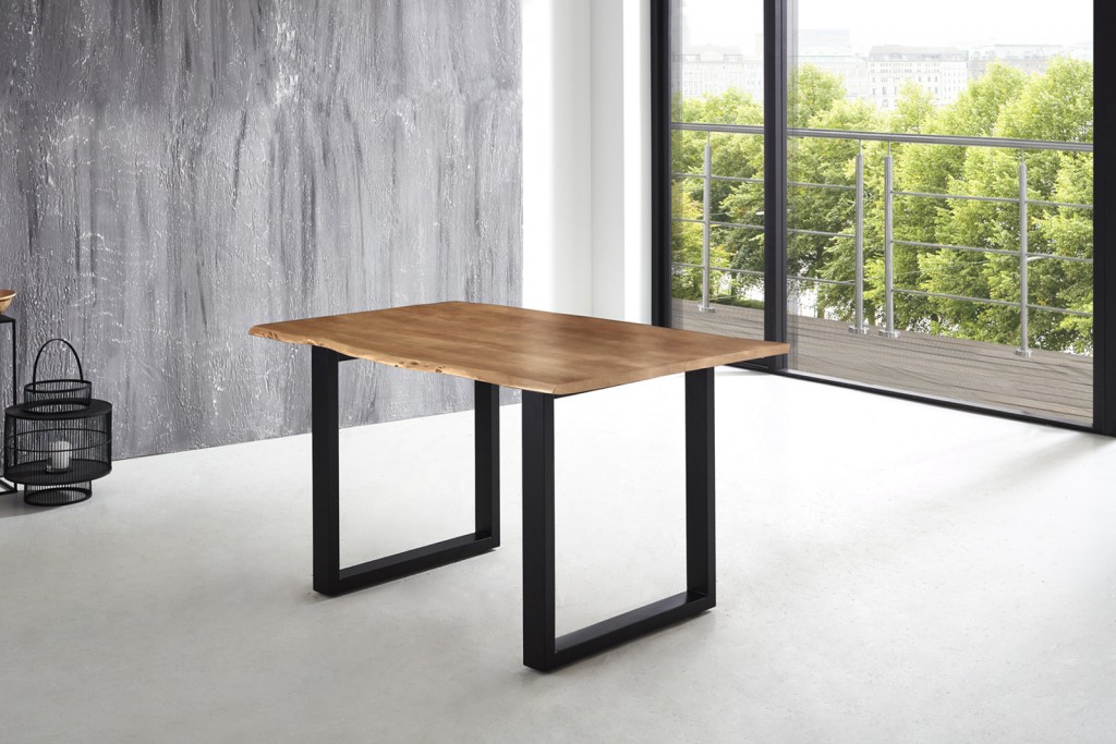 Esstisch Baumkante massiv Akazie natur 180 x 90 schwarz U-Gestell LUBIN