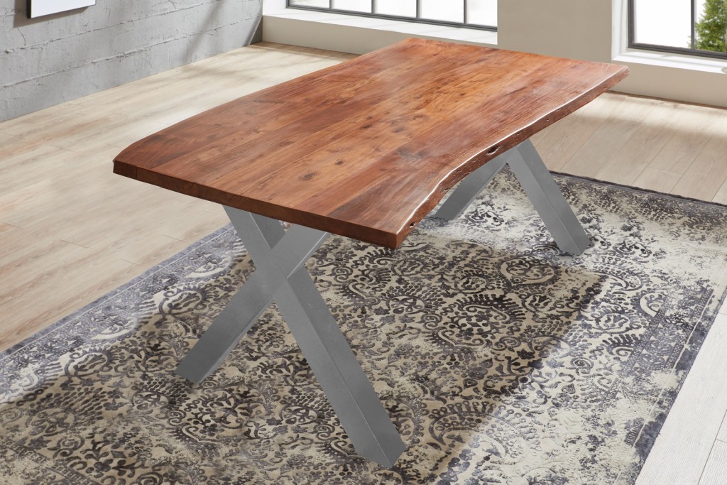 Esstisch Baumkante massiv Akazie nuss 180 x 90 X-Gestell silber XANTEN