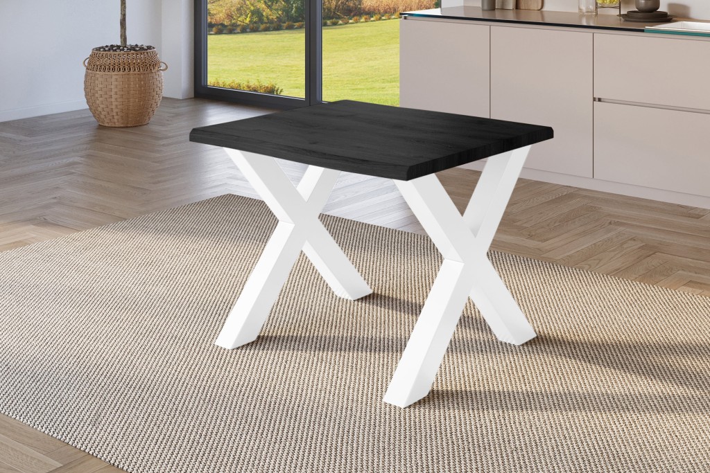 Esstisch Baumkante Holz-Optik Grau 80 x 80 X-Gestell weiß JULIUS