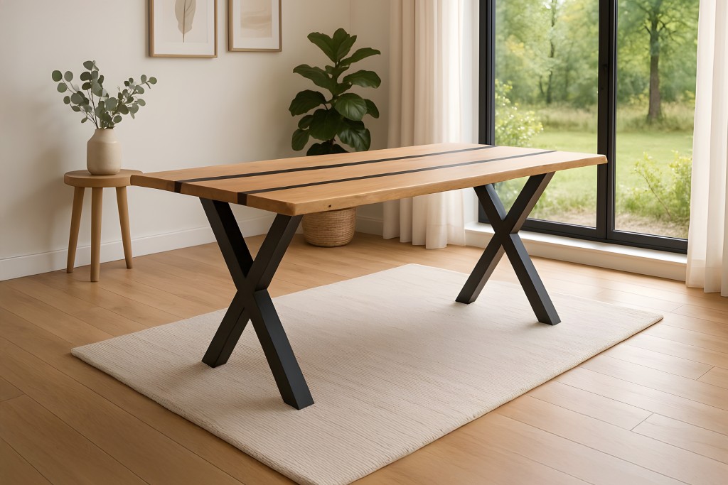 Esstisch 140 x 80 cm Akazie massiv natur mit schwarzen Resin-Adern X-Gestell schwarz PETER