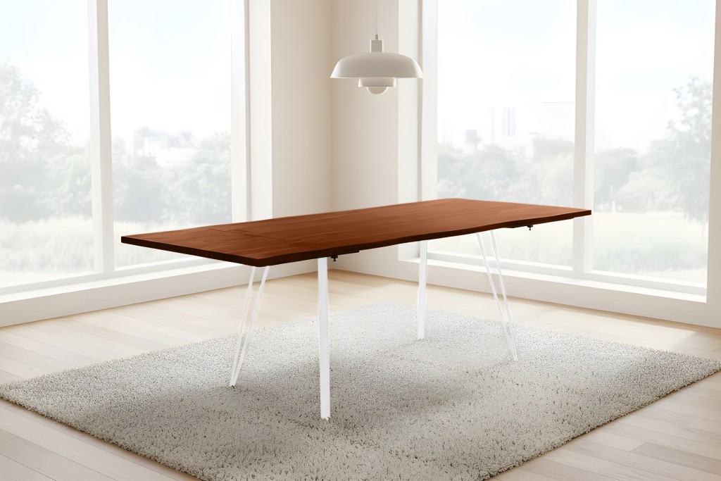 Esstisch Baumkante Akazie nuss 120(200)x90 Ansteckplatten Vierfuß-Gestell weiß AVINO