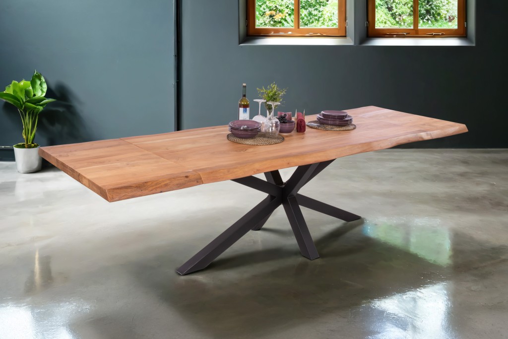 Esstisch Baumkante Akazie natur 200 (300) x 100 Spider-Gestell schwarz mit Ansteckplatten CALI