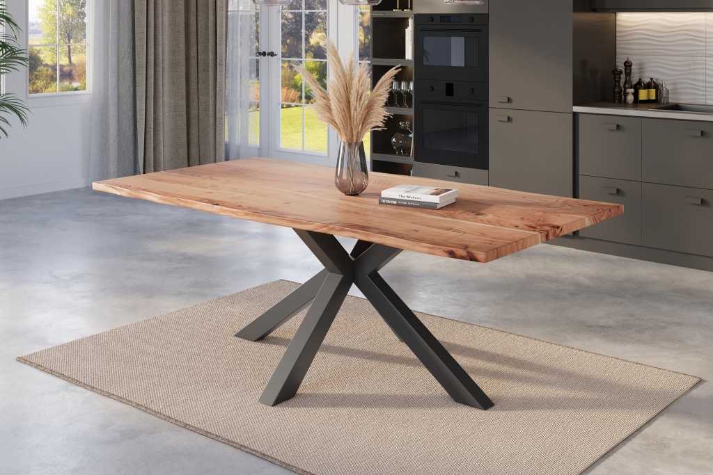Esstisch Baumkante massiv Akazie natur 220 x 100 cm Spider-Gestell schwarz KALEA