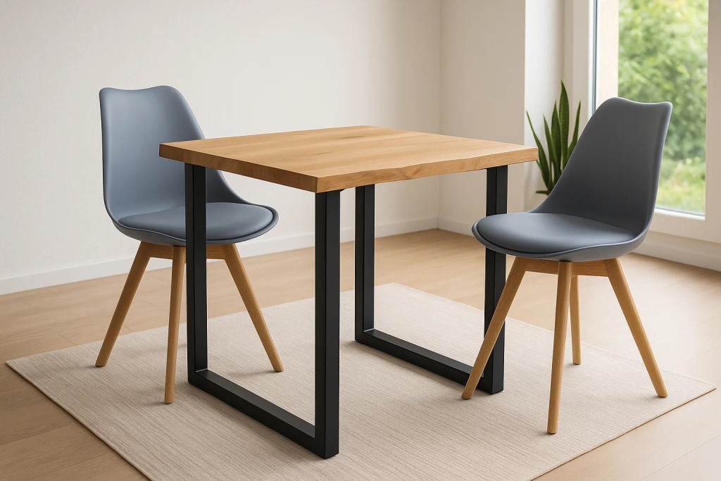Essgruppe Baumkante massiv 80 x 80 cm Wildeiche U-Gestell schwarz & 2 Stühle grau SEATTLE