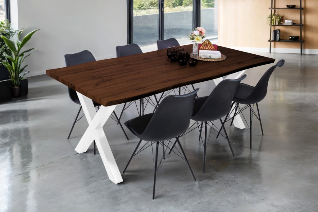 Esstisch Baumkante Holz-Optik Nussbaum 240 x 100 X-Gestell weiß JOSY