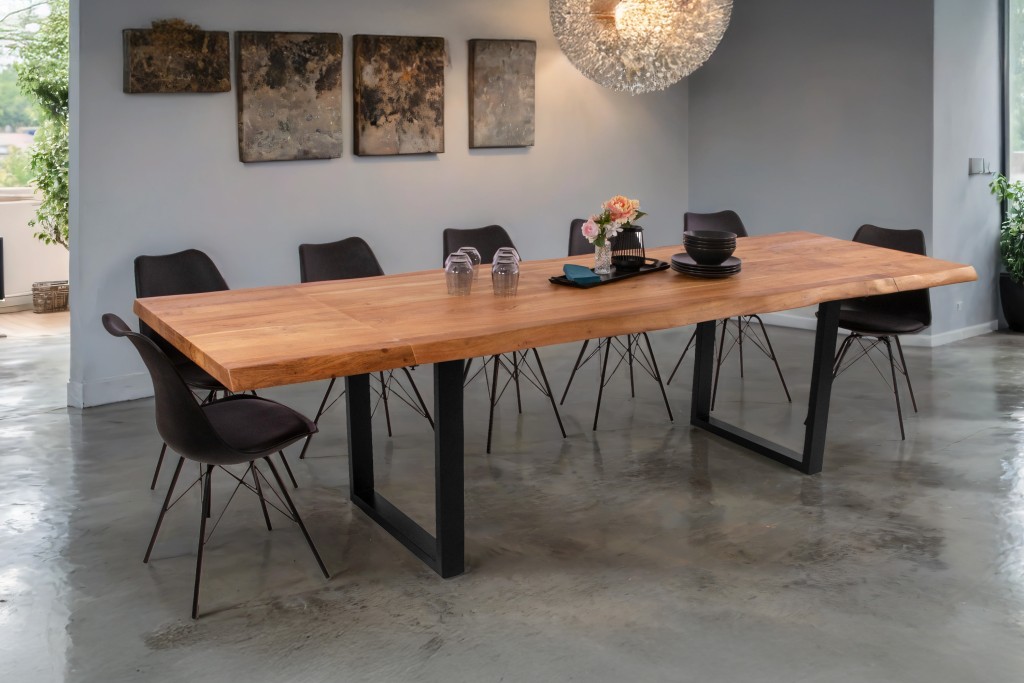 Esstisch Baumkante Akazie natur 200 (300) x 100 U-Gestell schwarz mit Ansteckplatten CALI