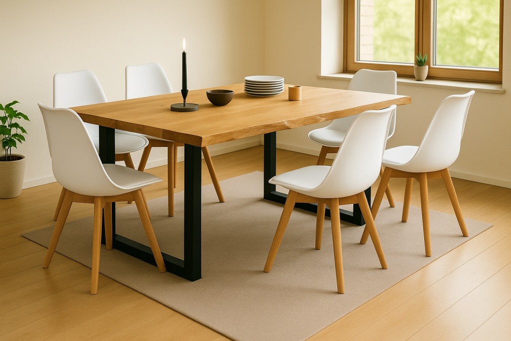 Essgruppe Baumkante massiv 160 x 85 cm Wildeiche U-Gestell schwarz & 6 Stühle weiß SEATTLE