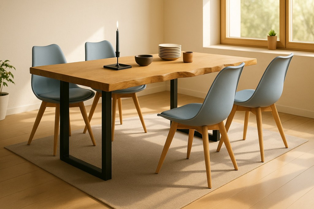 Essgruppe Baumkante massiv 140 x 80 cm Wildeiche U-Gestell schwarz 4 Stühle grau SEATTLE
