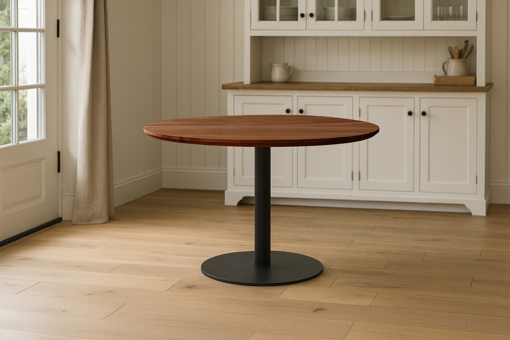 Bistrotisch Schweizer Kante massiv 120 cm Akazie nussbaumfarben Säulengestell-rund schwarz BRASILIAN