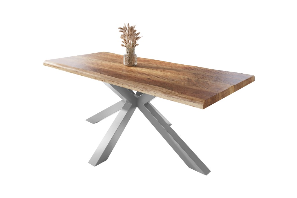 Esstisch Baumkante massiv Mango rough 220 x 100 Spider-Gestell silber ATLAS