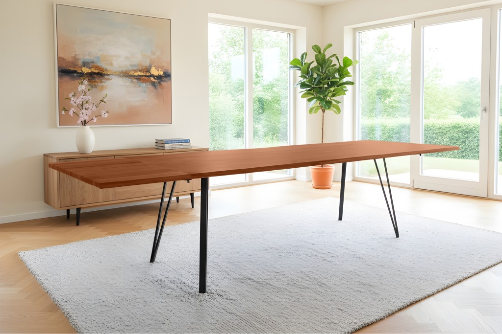 Esstisch Baumkante Akazie nuss 200(300)x100 Ansteckplatten Vierfuß-Gestell schwarz AVINO