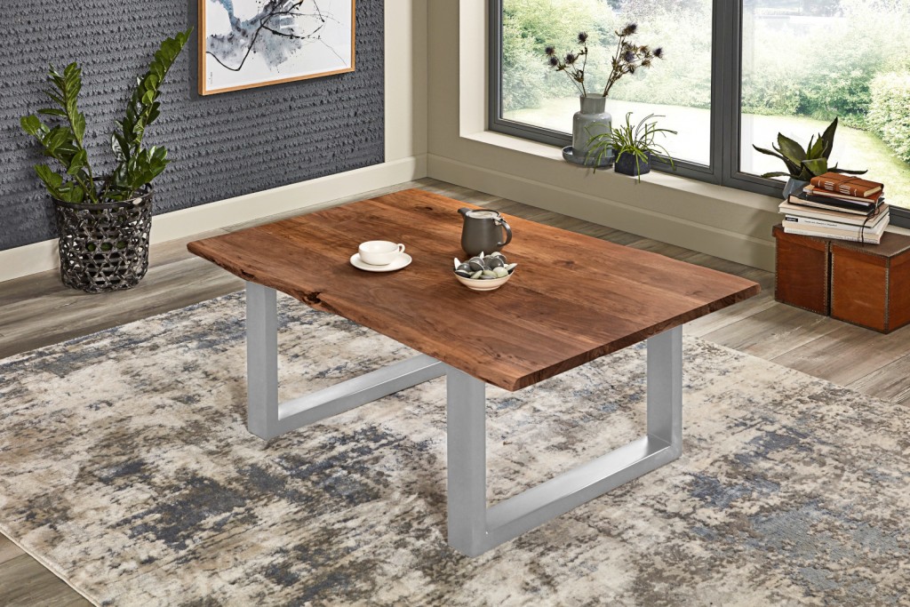 Couchtisch Baumkante massiv Akazie nussbaumfarben 120 x 80 cm silber BILLY