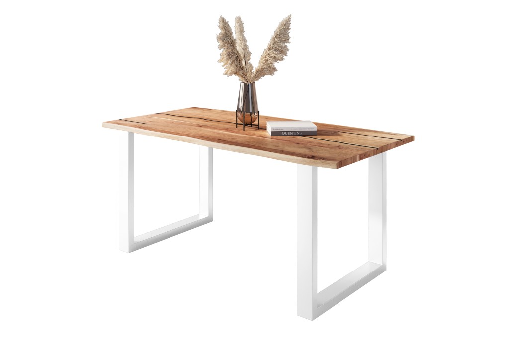 Baumkantentisch Akazie mit schwarzen Resin-Adern naturfarben 160 x 85 cm U-Gestell weiß POLLY