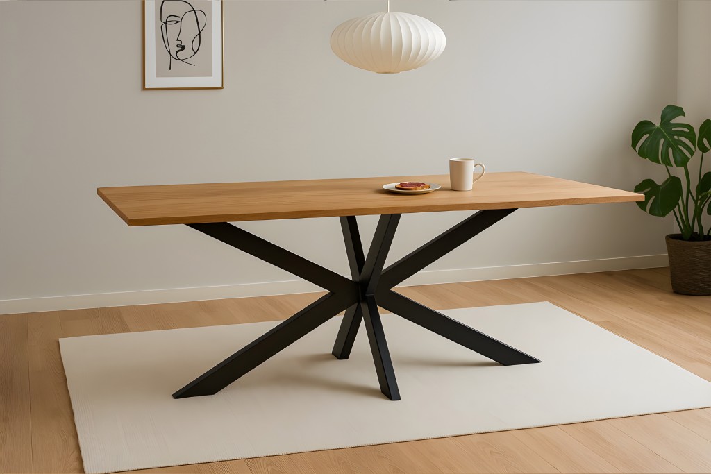 Esstisch Baumkante massiv Eiche geölt 220 x 100 cm Spider-Gestell schwarz SALVADOR