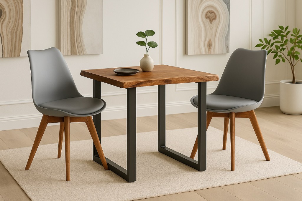 Essgruppe Baumkante massiv 80 x 80 cm Holz-Optik Nussbaum U-Gestell schwarz & 2 Stühle grau JOSY