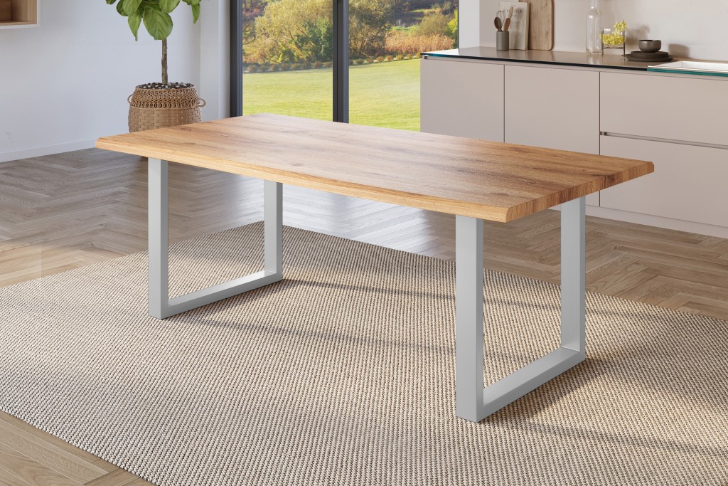 Esstisch Baumkante Holz-Optik Wildeiche 220 x 100 U-Gestell silber JULIUS