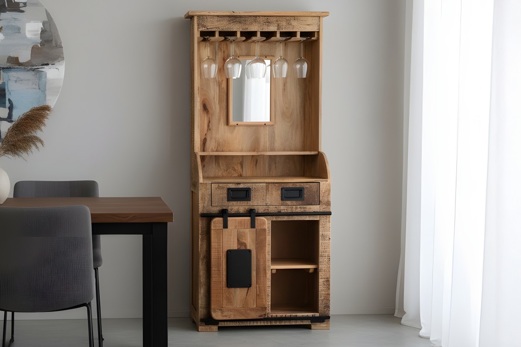 Weinschrank Holzschrank Mango Rough naturfarben 75 x 35 x 170 cm LIBRO