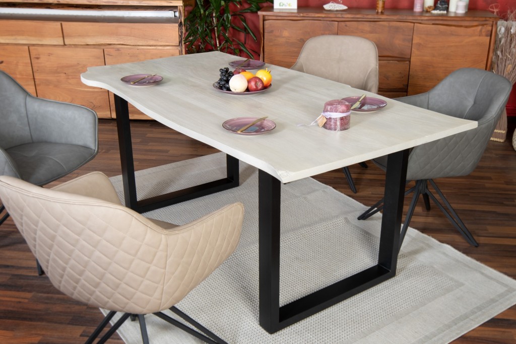 Esstisch Baumkante massiv Akazie grau & sandgestrahlt 220x100 U-Form schwarz GRACE