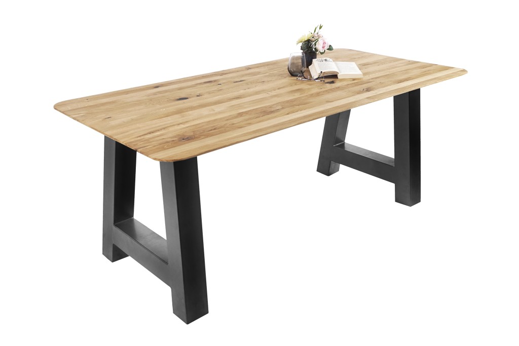 Esszimmertisch Schweizer Kante rund massiv & geölt Eiche 180x90 schwarz A-Gestell Lotte