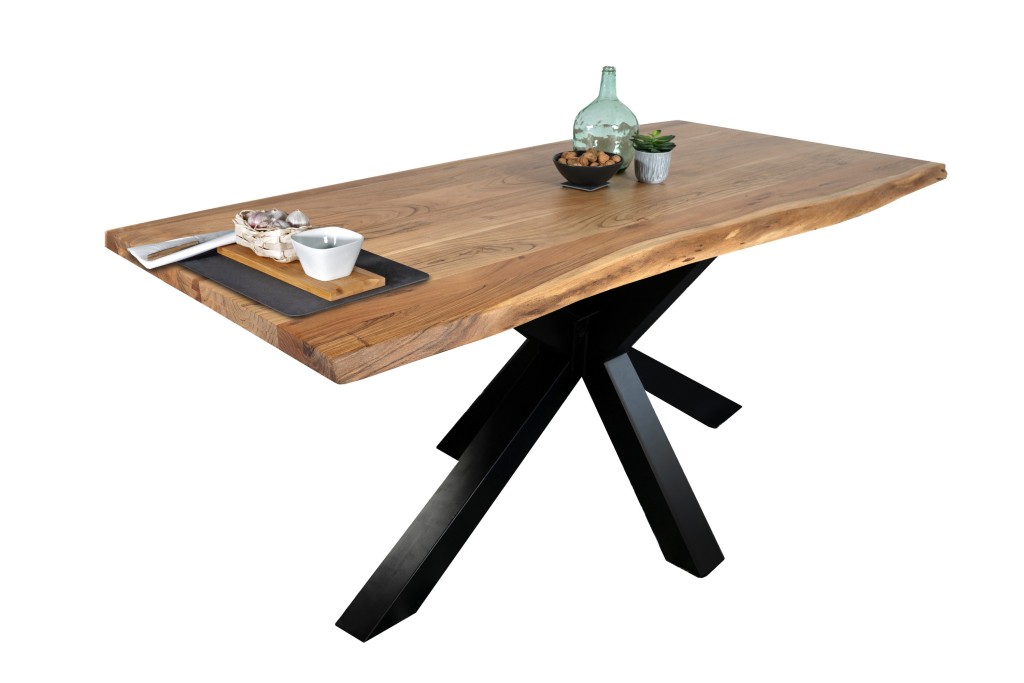 Esstisch Baumkante massiv Akazie Natur 200 x 100 Spider-Gestell schwarz JIM