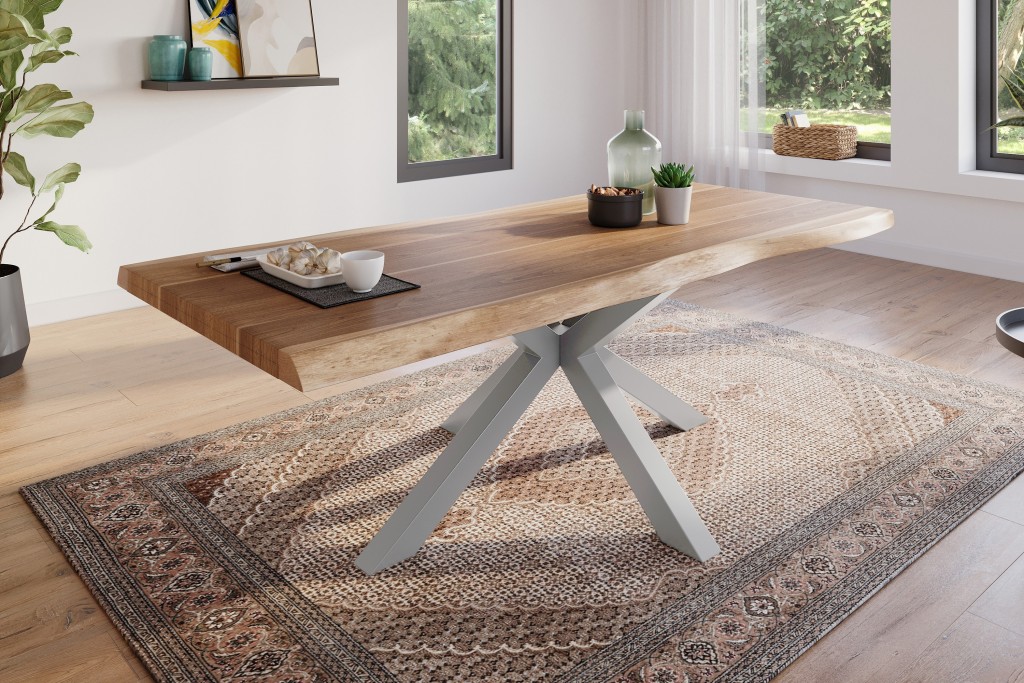 Esstisch Baumkante massiv Akazie natur 220 x 110 Spider-Gestell silber ATLAS