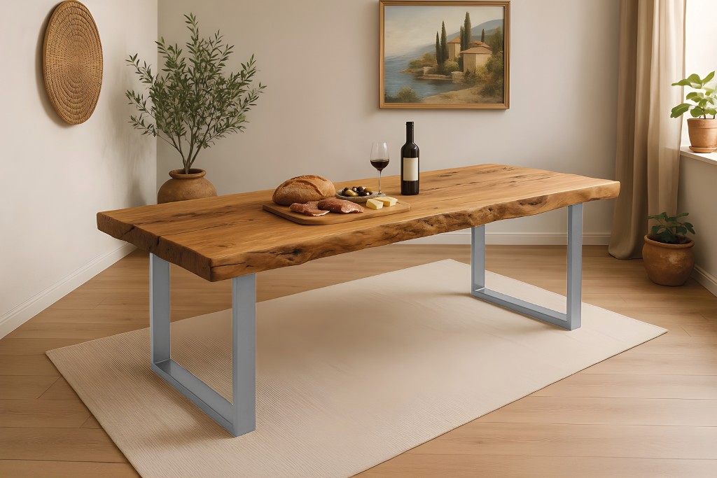 Baumkantentisch Teak 300 x 100 cm massiv U-Gestell silber KINAN
