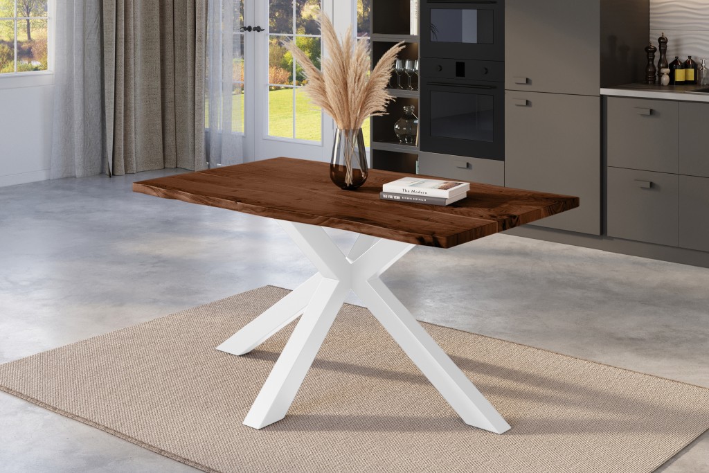Esstisch Baumkante massiv Akazie nussbaum 160 x 85 cm Spider-Gestell weiß Kalea