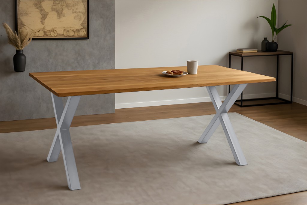 Esstisch Baumkante massiv Eiche geölt 240 x 100 cm X-Gestell silber SALVADOR