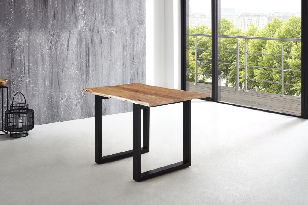 Esstisch Baumkante massiv Akazie natur 140 x 80 schwarz U-Gestell LUBIN