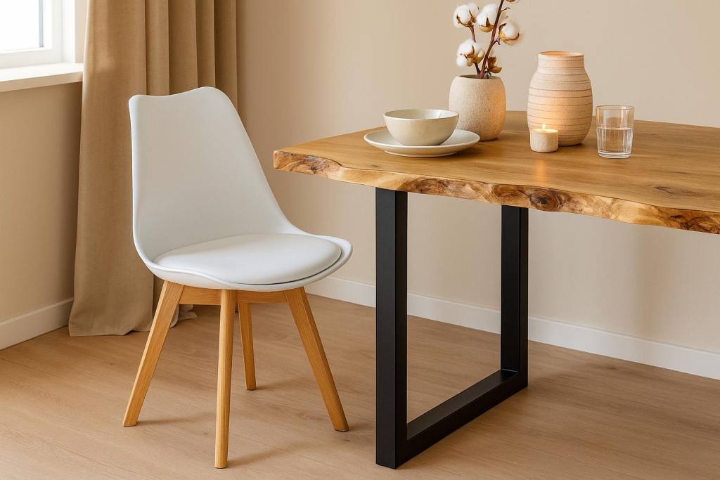 Esszimmer Schalenstuhl & Polster Kunstleder weiß Stuhlbein Massivholz eichefarben LOVELACE