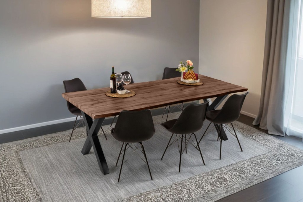 Esstisch Baumkante Holz-Optik Nussbaum 240 x 100 X-Gestell schwarz JOSY