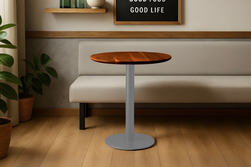 Bistrotisch Schweizer Kante massiv 60 cm Akazie nussbaumfarben Säulengestell-rund silber BRASILIAN