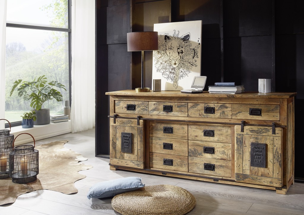 Sideboard Kommode 200 x 90 x 45 Mangoholz massiv mit Holzschiebetür + Schubladen NORIK