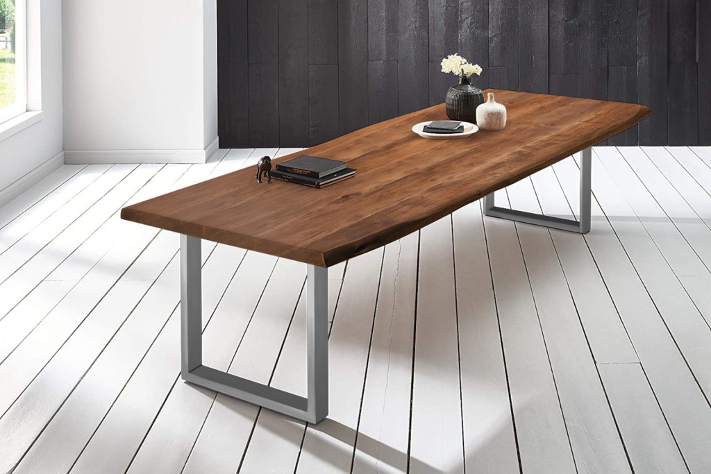 Esstisch Baumkante massiv Akazie nussbaumfarben 280 x 110 silber VALIN
