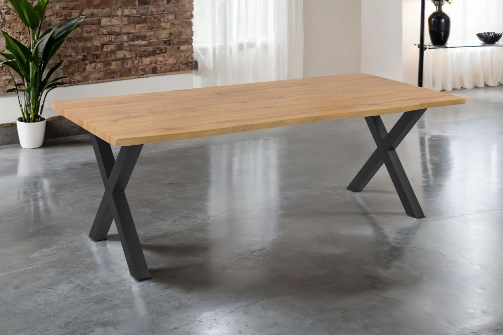 Esstisch Baumkante Holz-Optik Wildeiche 240 x 100 X-Gestell schwarz JOSY