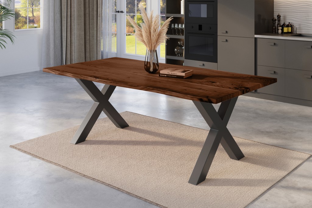 Esstisch Baumkante massiv Akazie nussbaum 180 x 90 schwarz X-Gestell NICK