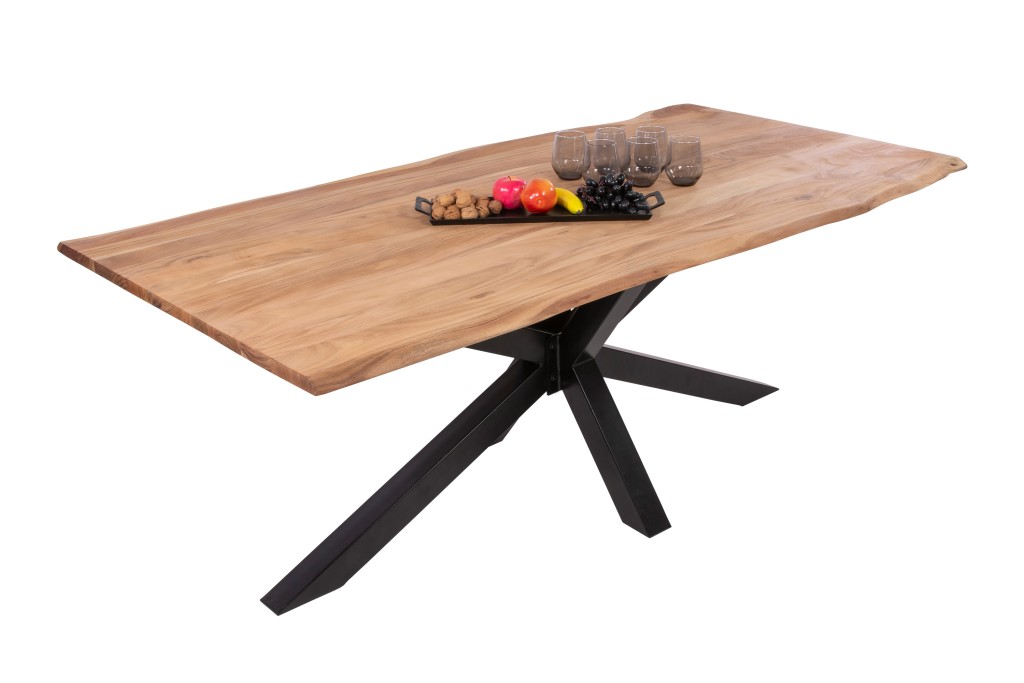 Esstisch Baumkante massiv Akazie eichefarben 280 x 100 cm Spider-Gestell schwarz DEREK