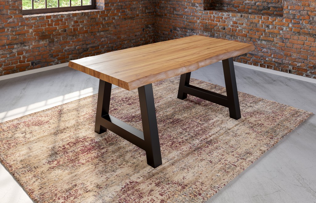 Esstisch Baumkante Massiv Akazie naturfarben 180x90 A-Gestell schwarz ALICANTE