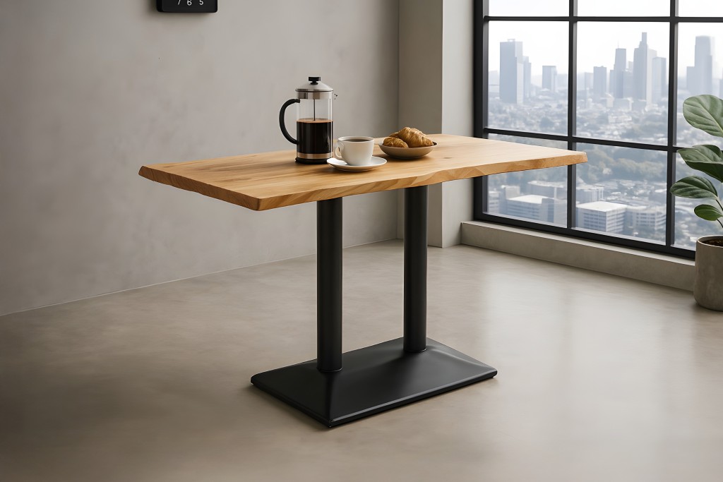 Bistrotisch Baumkante massiv 120 x 60 cm Akazie Naturfarben schwarz Doppelsäulengestell ISLA
