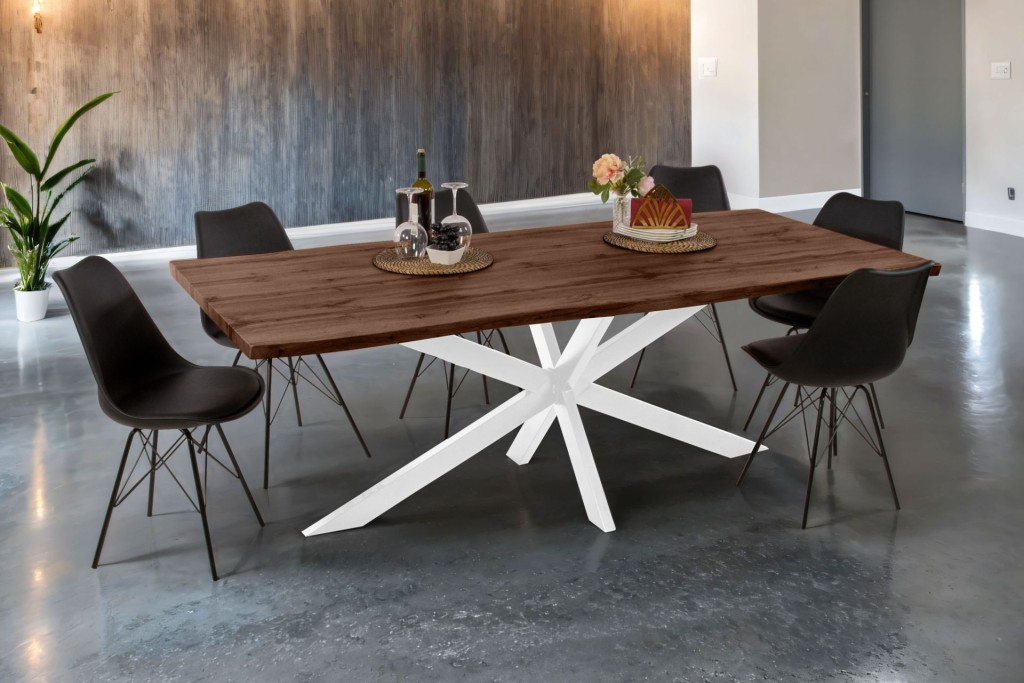 Esstisch Baumkante Holz-Optik Nussbaum 240 x 100 Spider-Gestell weiß JOSY