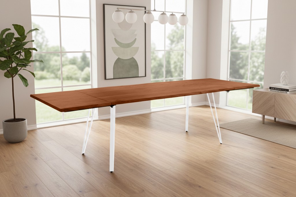 Esstisch Baumkante Akazie nuss 160(260)x90 Ansteckplatten Vierfuß-Gestell weiß AVINO
