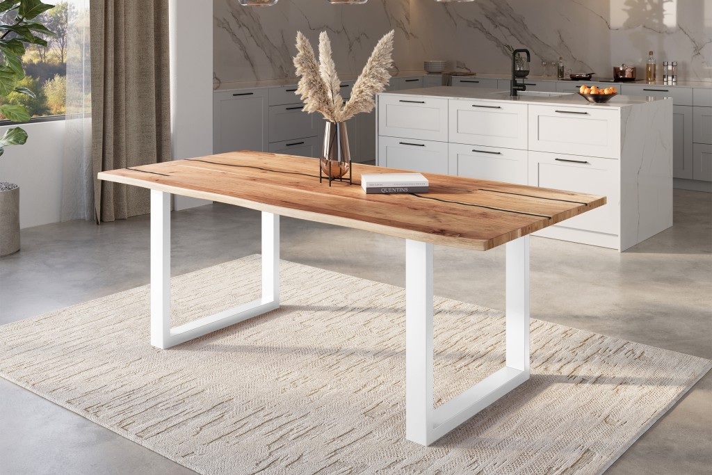 Baumkantentisch Akazie mit schwarzen Resin-Adern naturfarben 220 x 100 cm U-Gestell weiß POLLY