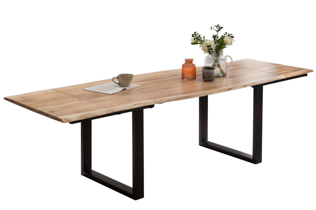 Esstisch Baumkante Akazie natur 120(200)x90 Ansteckplatten schwarz PAULO