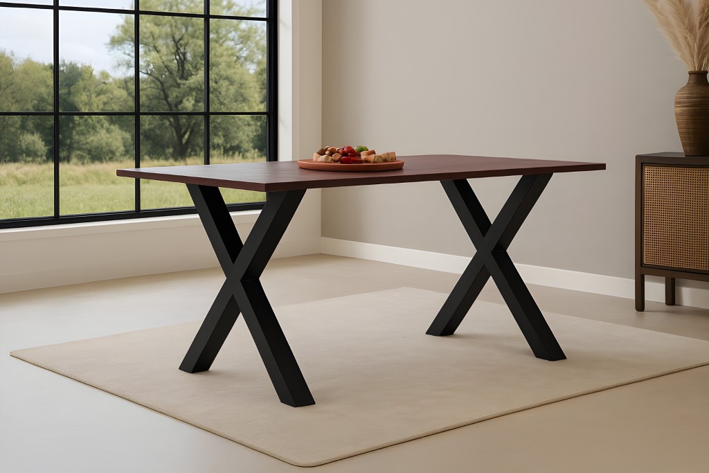 Esstisch 140x80cm Akazie massiv kastanienfarben schweizer Kante X-Gestell schwarz RITA