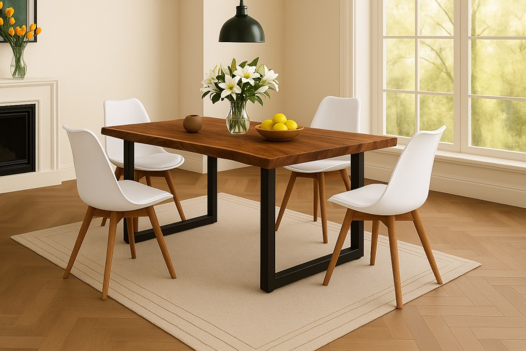 Essgruppe Baumkante massiv 120 x 80 cm Akazie nussbaumfarben U-Gestell schwarz & 4 Stühle weiß QUINN