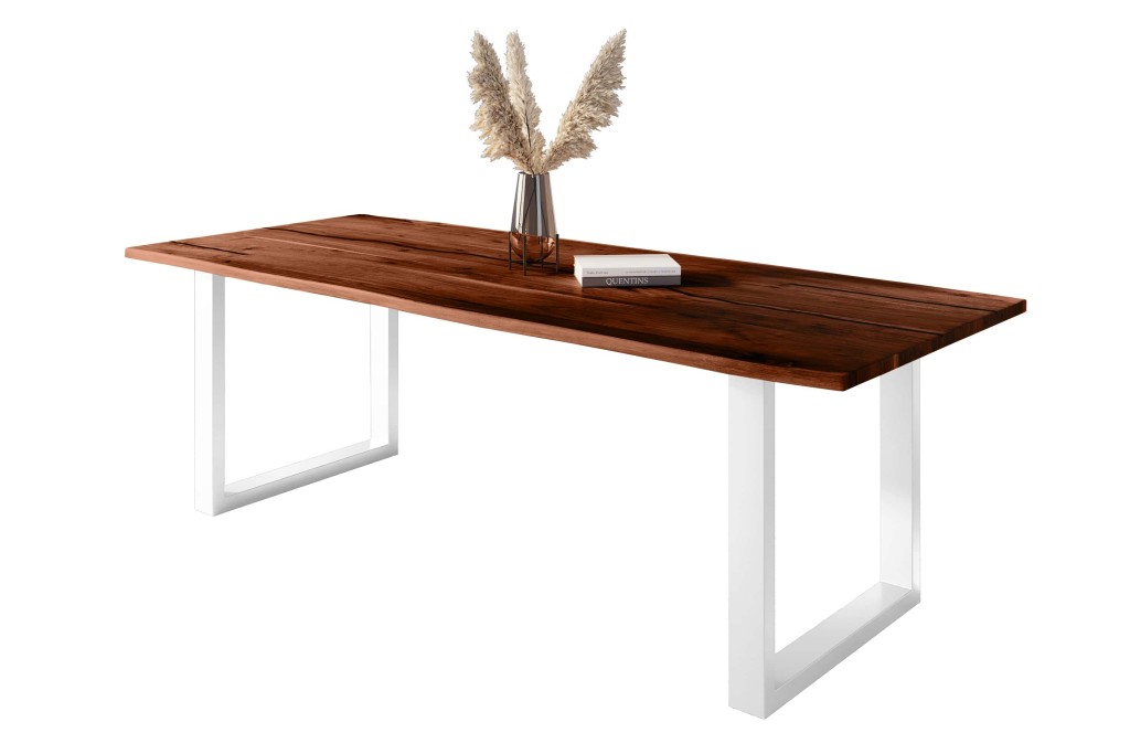 Baumkantentisch Akazie mit schwarzen Resin-Adern nussbaumfarben 280 x 100 cm U-Gestell weiß POLLY