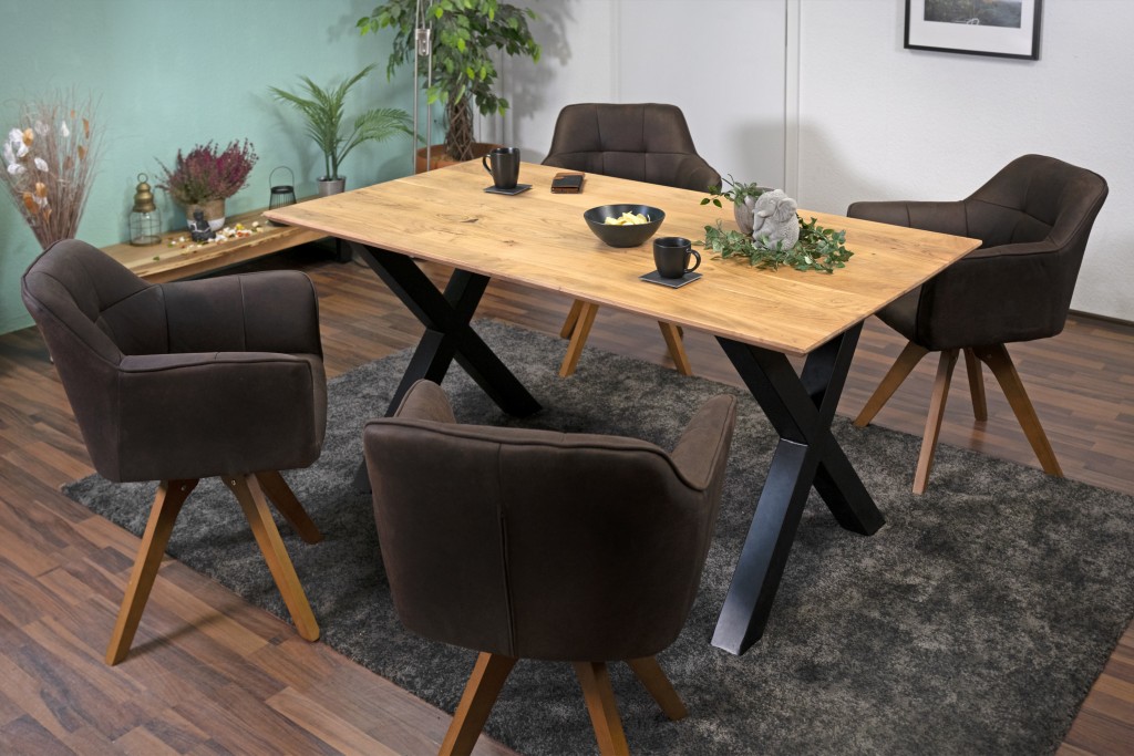 Esstisch 180 x 90 cm Akazie massiv naturfarben Schweizer Kante X-Gestell ANDI